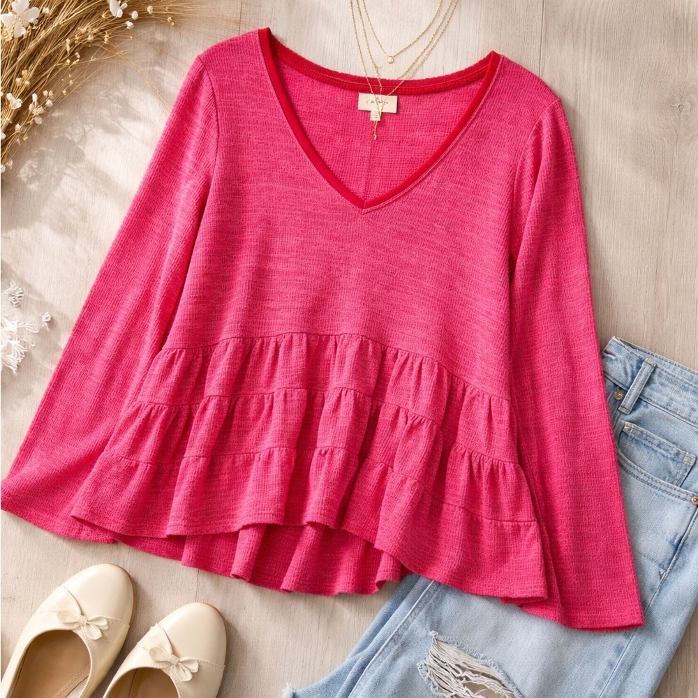 Deletta Anthropologie Pink Babydoll Ruffle Hem Thermal Top Small